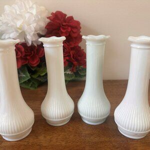 Set of 4 Randall Milk Glass Bud Vases Ribbed Ruffle Edge Wedding Decor White